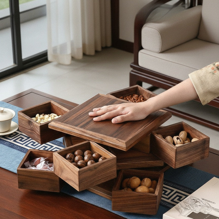 Side view of hand rotating the wooden serving tiers