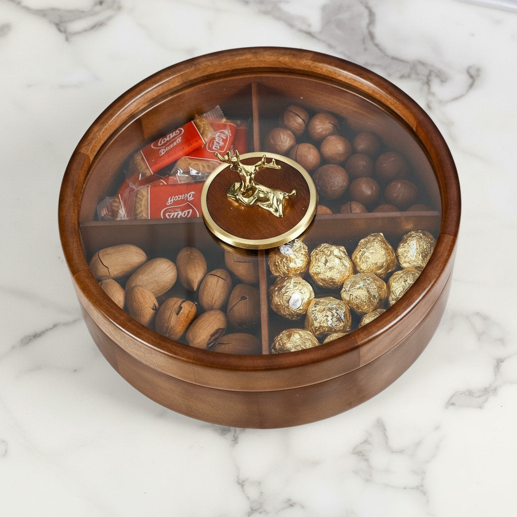 Walnut wood round divided serving box with glass lid and gold handle