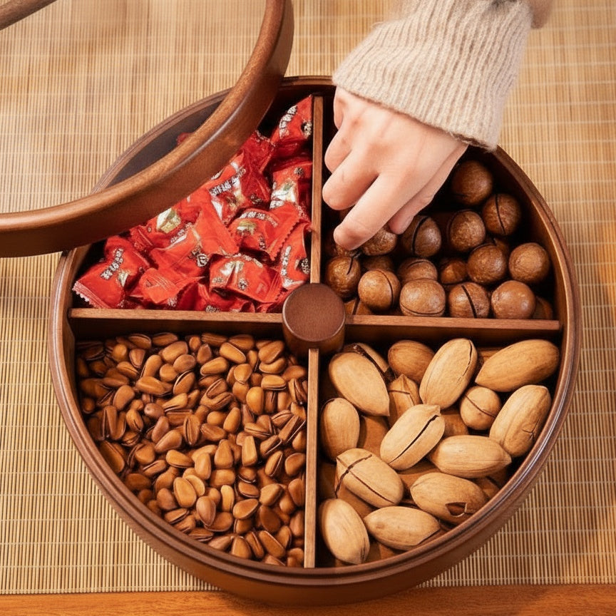 Open wooden serving tray with compartments filled with nuts and candy