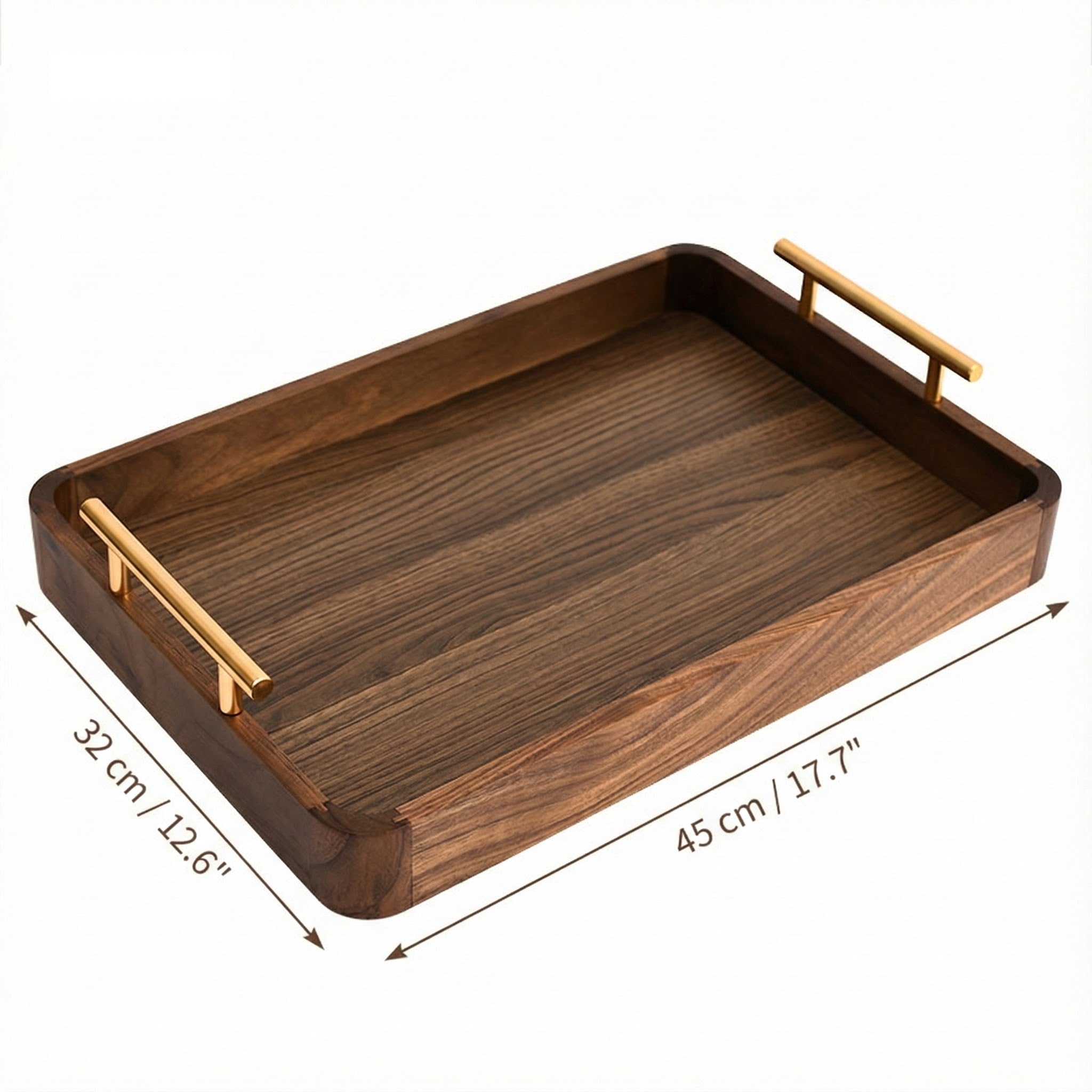 Large walnut serving tray dimensions showing 45cm length and 32cm width with gold handles