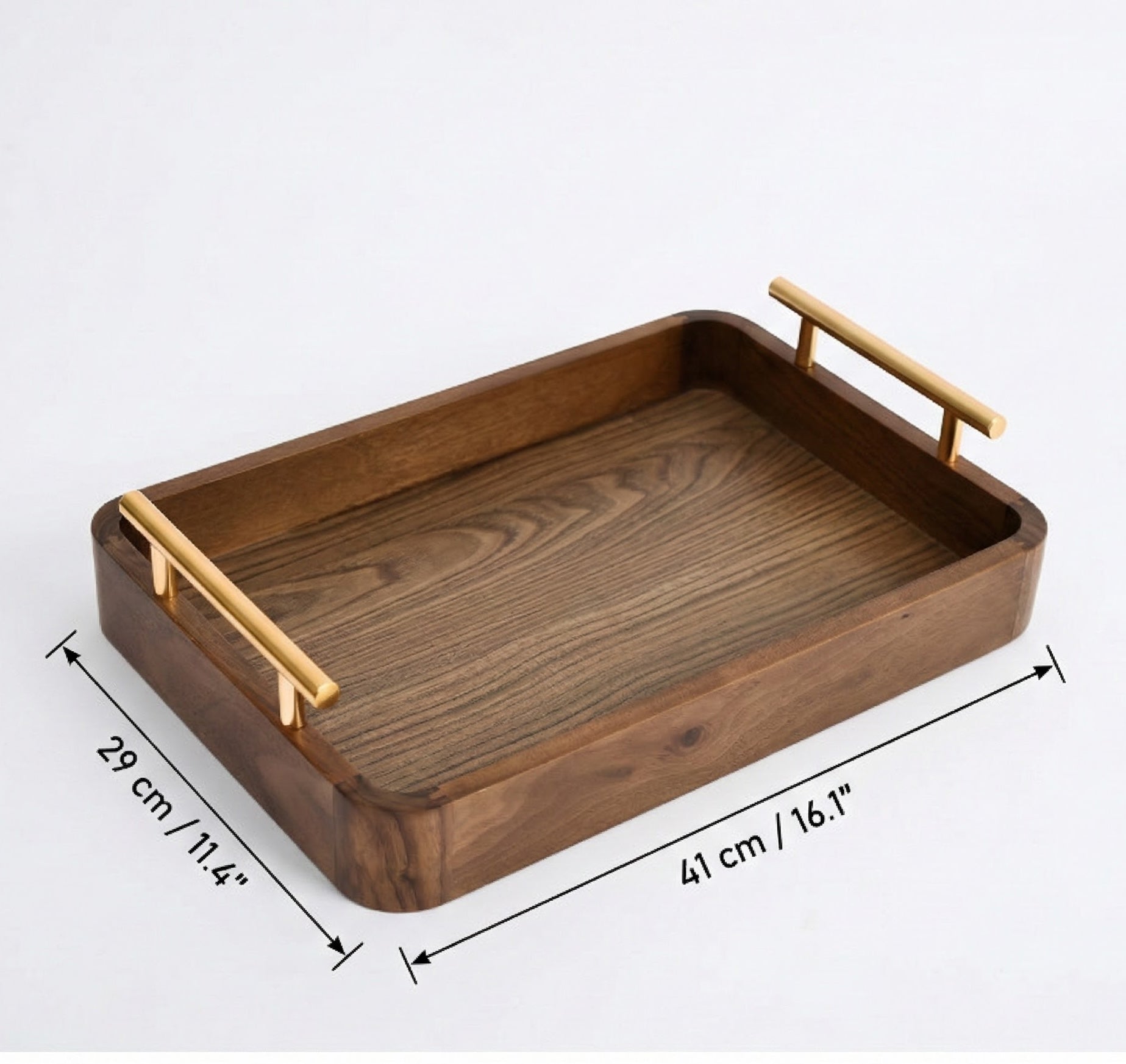 Medium walnut serving tray dimensions showing 41cm length and 29cm width with gold handles