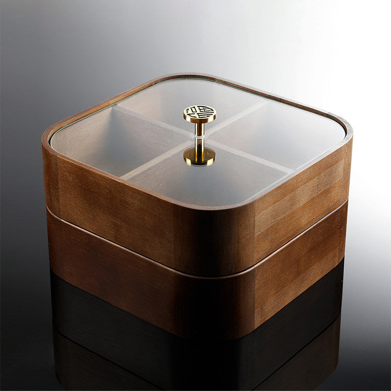 Stacked two-tier walnut wood snack box with glass lid and gold handle