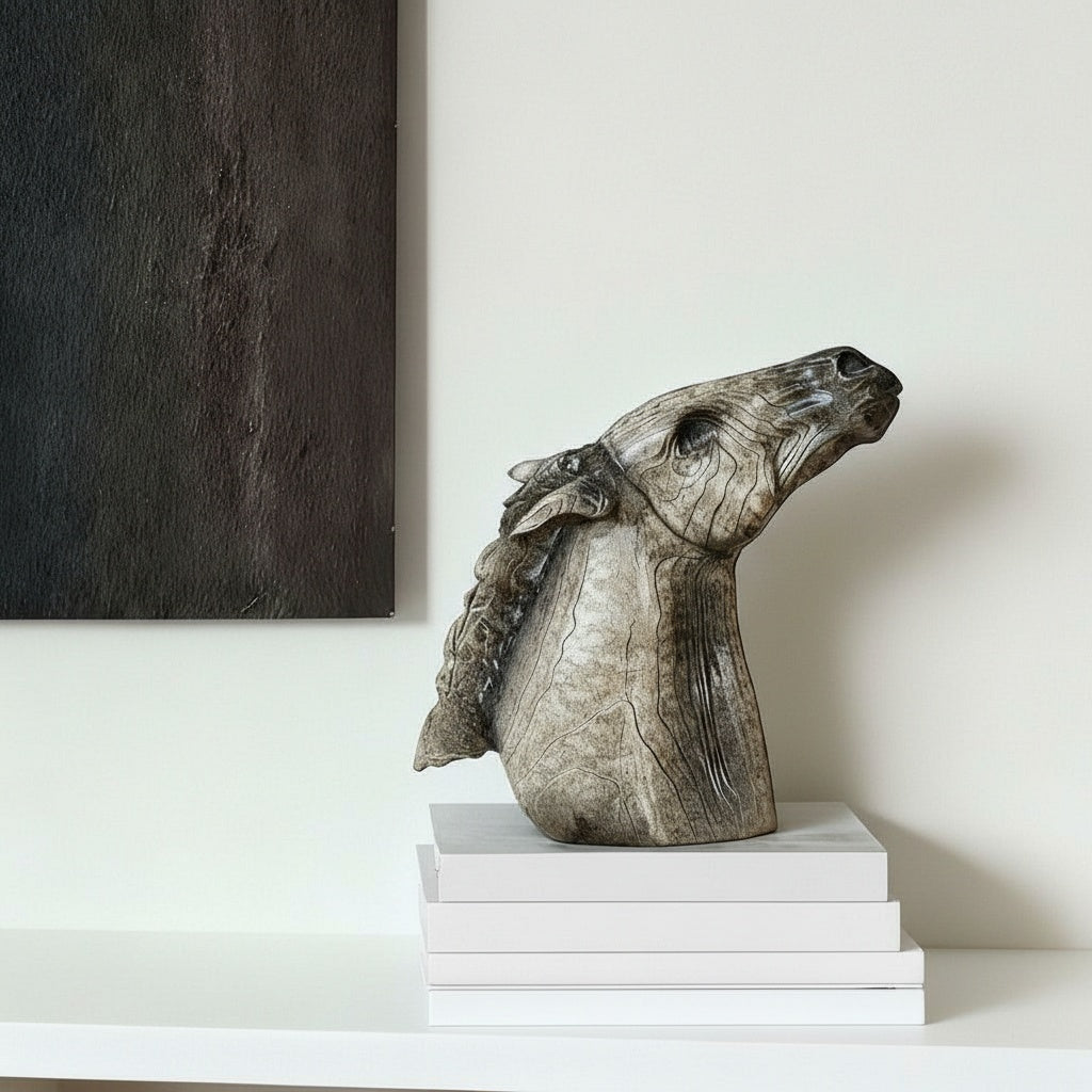 Front angle of rustic horse head statue on white books