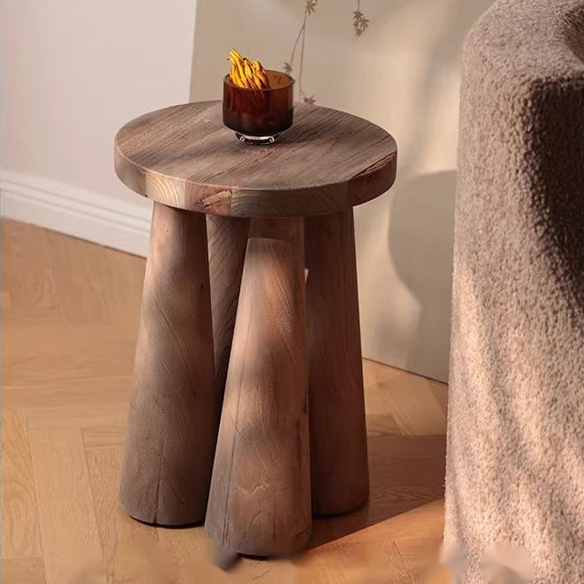 Rustic wood tripod side table front view