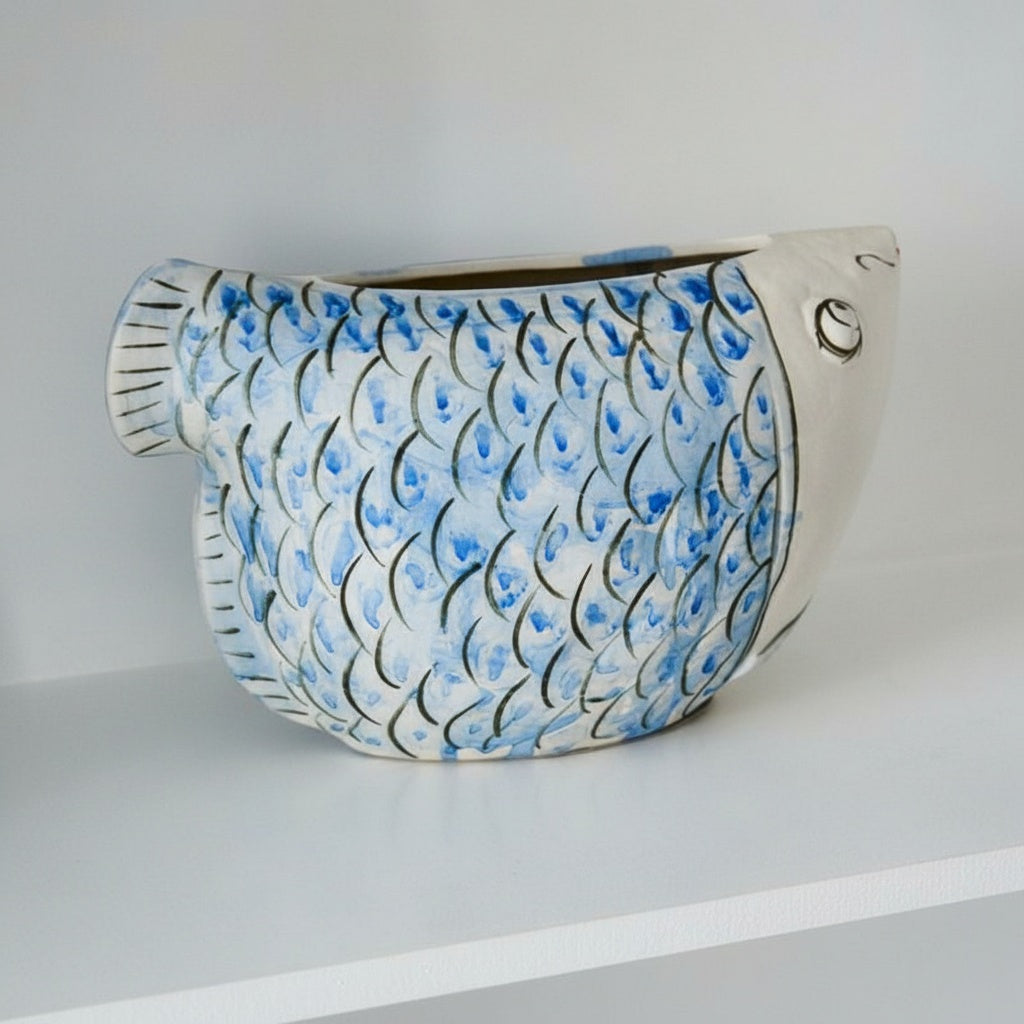 White And Blue Ceramic Fish Vase