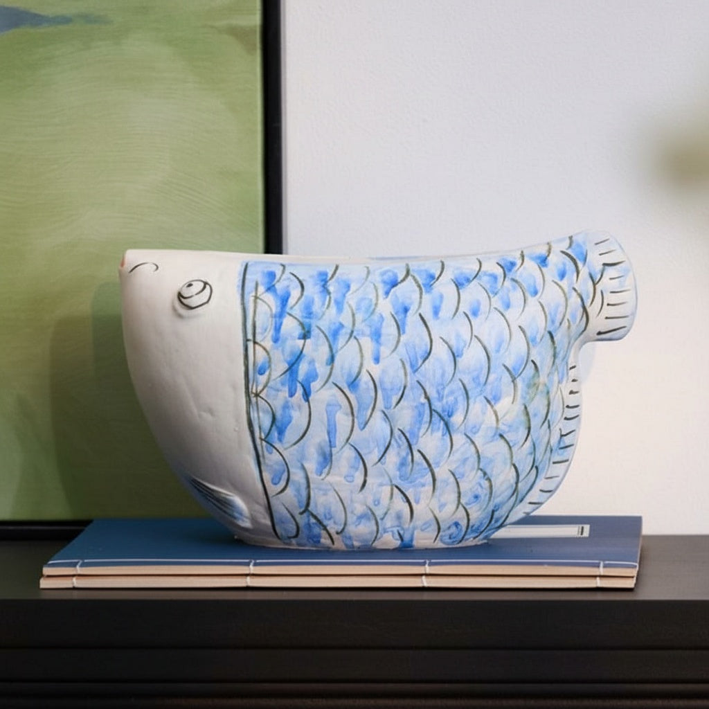 White And Blue Ceramic Fish Vase