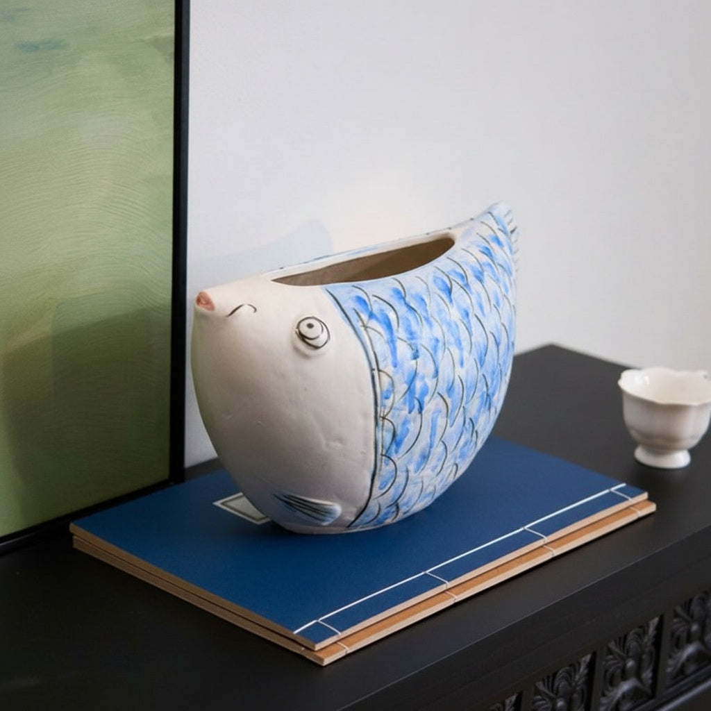 White And Blue Ceramic Fish Vase