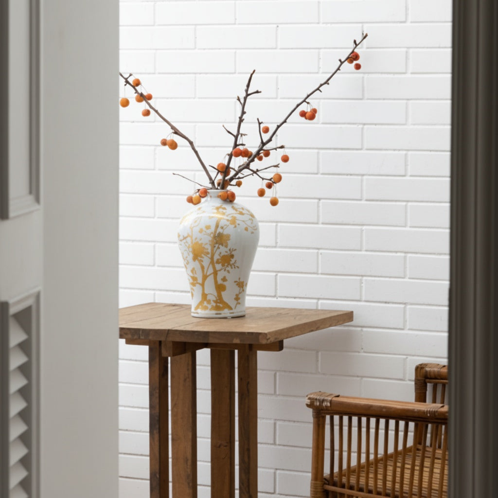 White And Gold Porcelain Baluster Vase in a bright interior setting