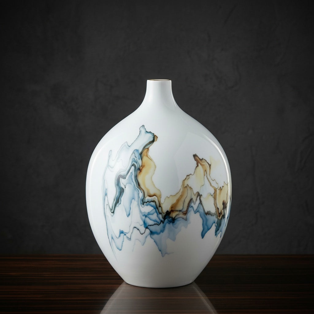 Round white ceramic vase with abstract blue and brown glaze for modern decor