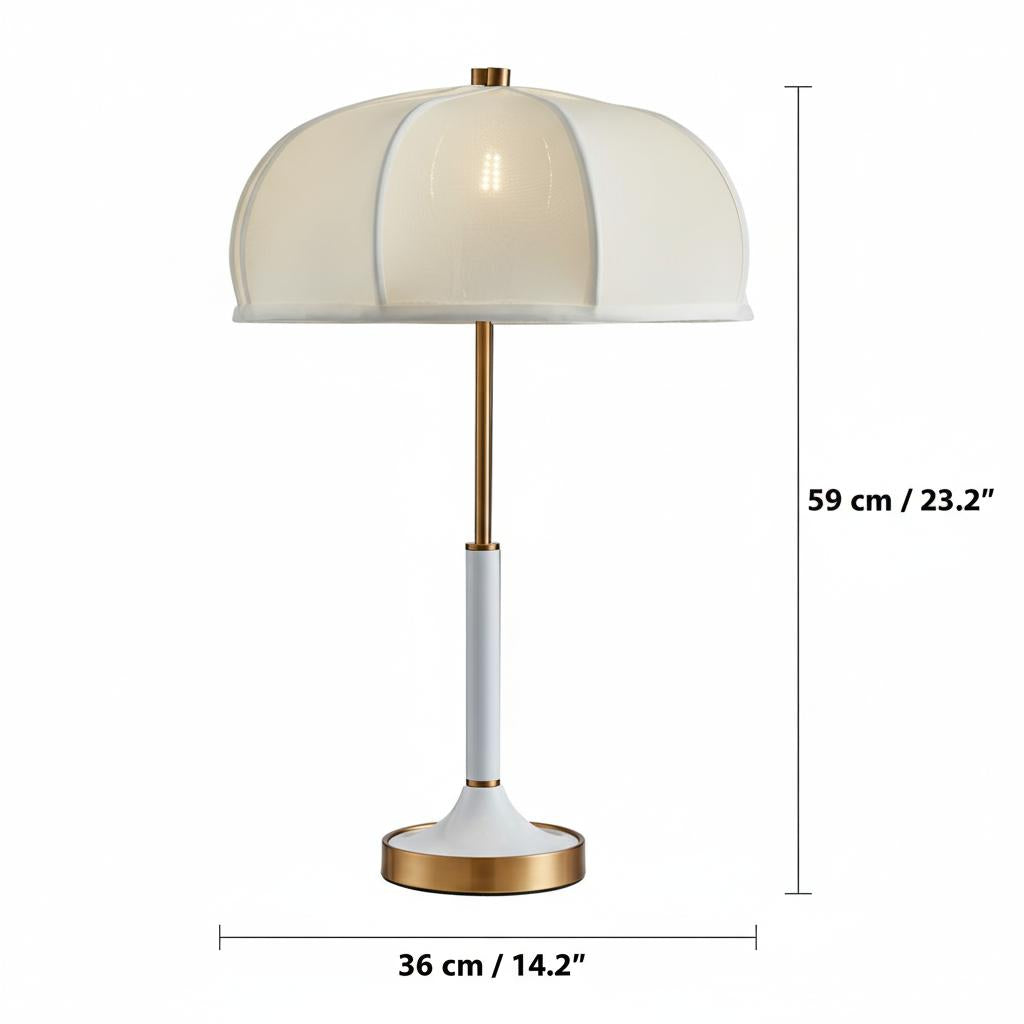Dimensions diagram of white and brass table lamp