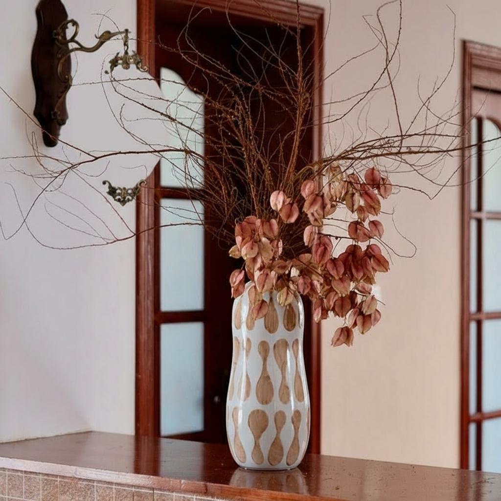 Patterned ceramic vase styled in hallway setting