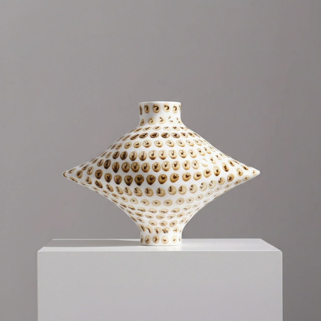 Angled view of geometric ceramic vase with dotted pattern