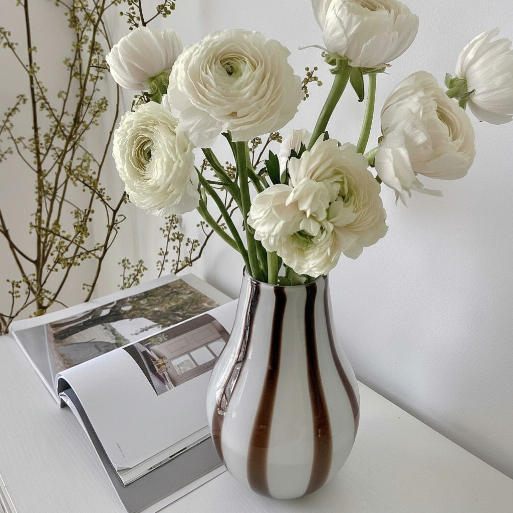 White & Brown Striped Glass Vase with Flowers