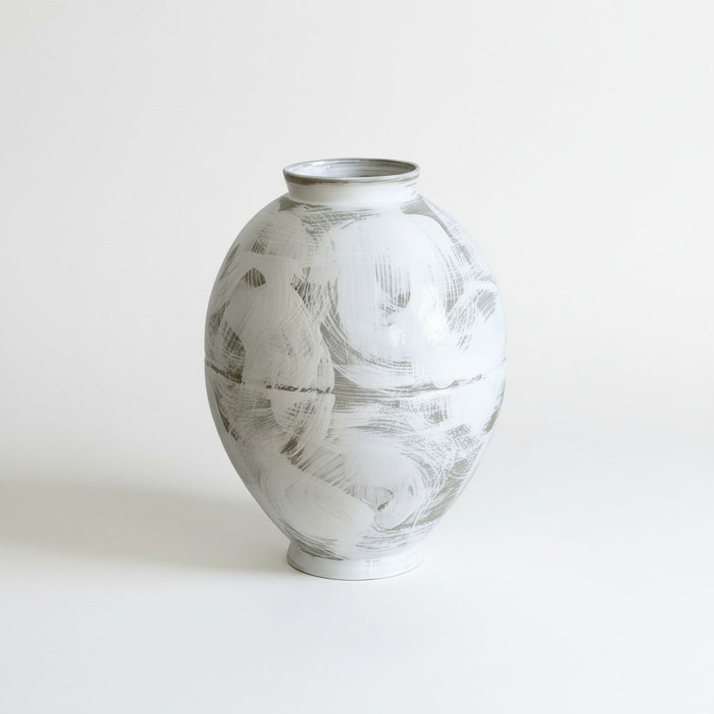 White Brushstroke Ceramic Ovoid Vase