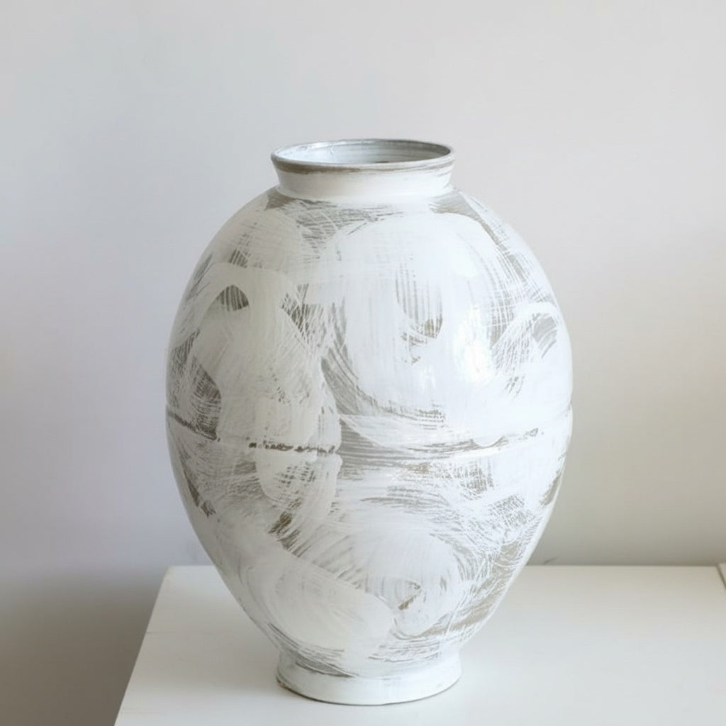 White Brushstroke Ceramic Ovoid Vase Lifestyle
