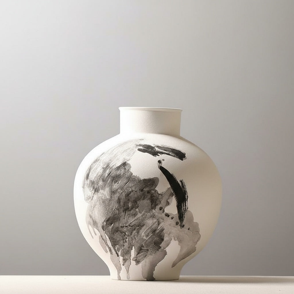 Front view of white ceramic vase with abstract black ink design