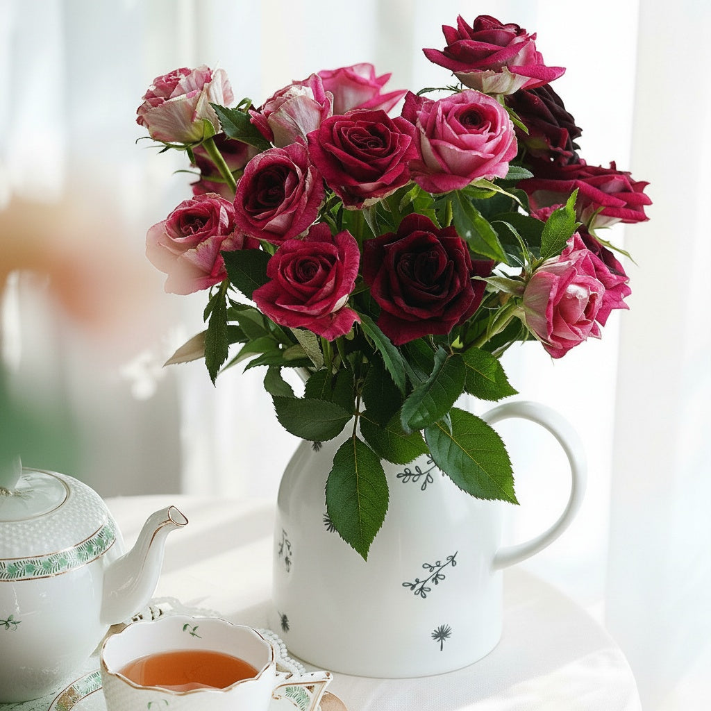 White Ceramic Botanical Handled Pitcher Table Setting