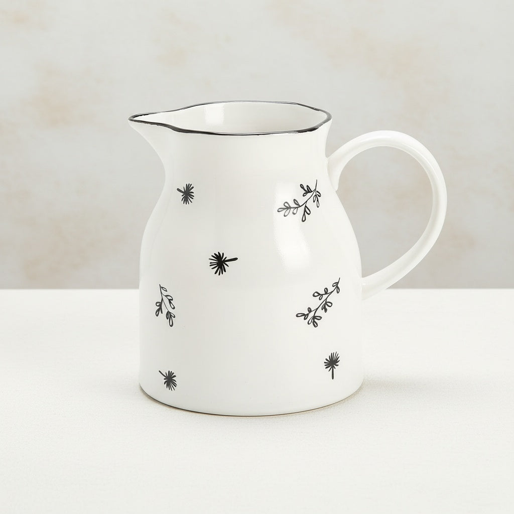 White Ceramic Botanical Handled Pitcher