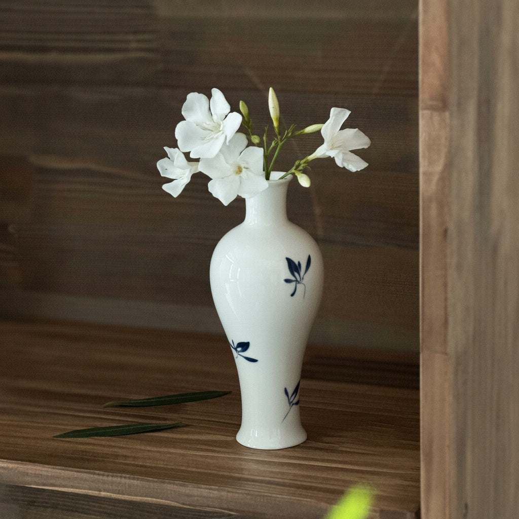 White ceramic botanical vase with white flowers
