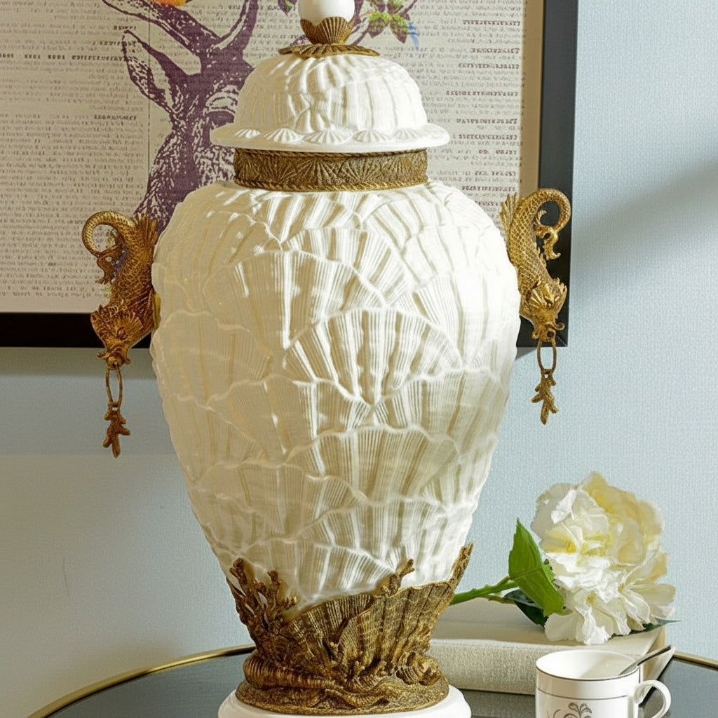 Side angle view of luxury white shell textured jar on table