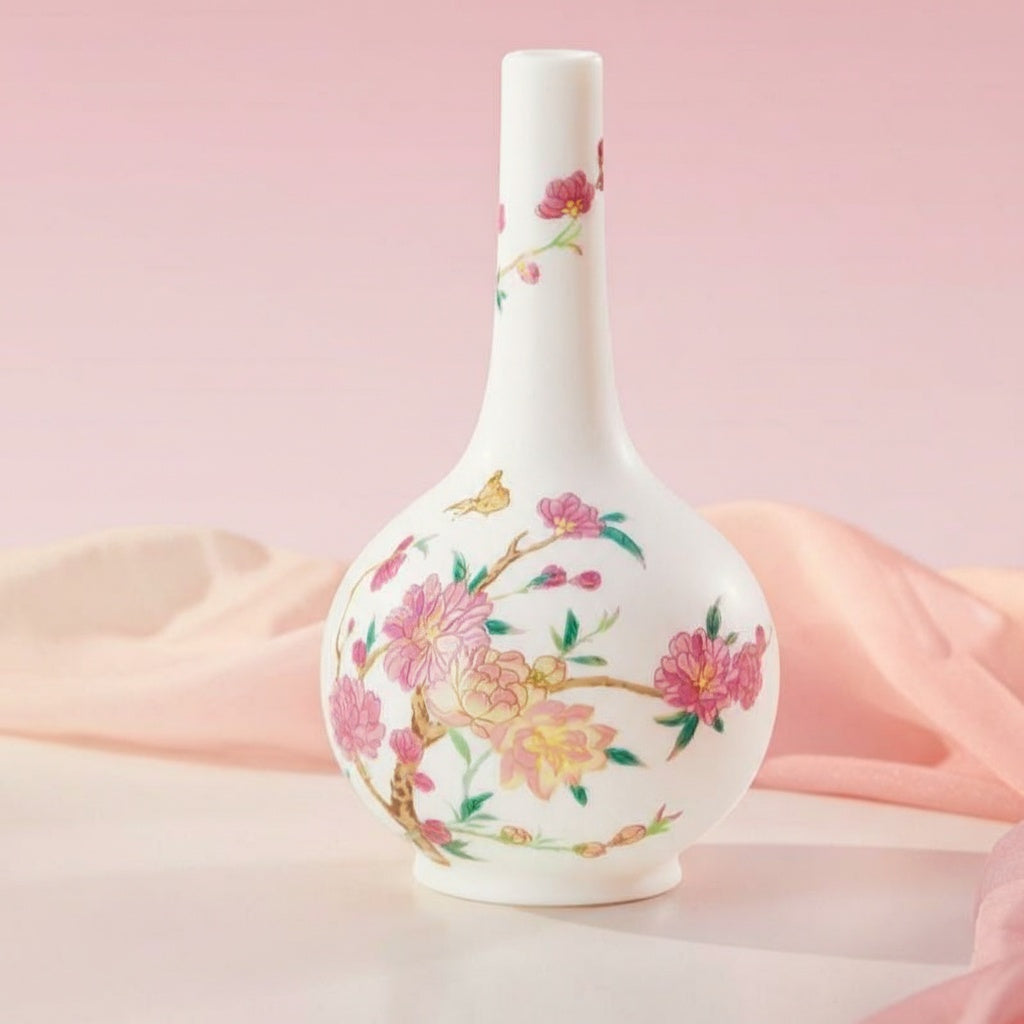 White ceramic floral bottle vase front view