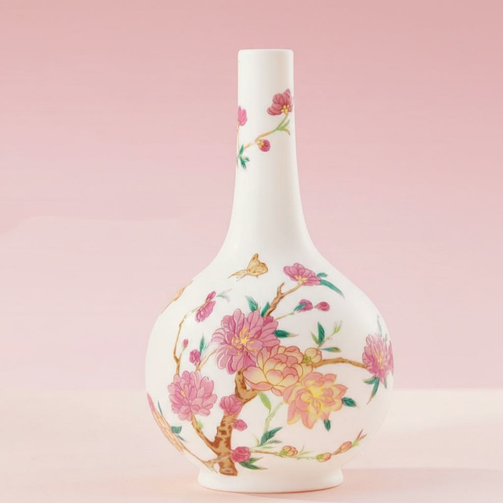 Close up of floral and butterfly detail on ceramic vase