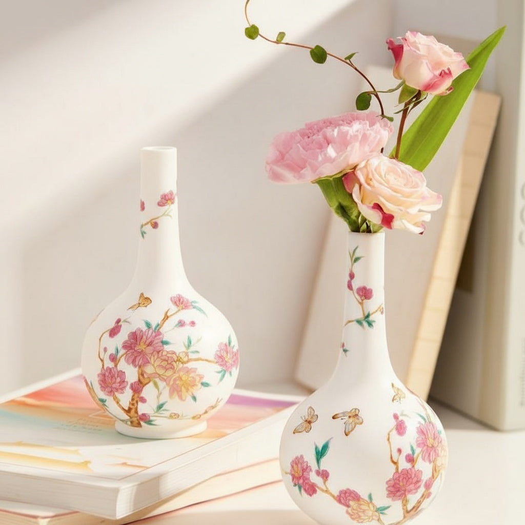 White ceramic vase styled with fresh flowers on books