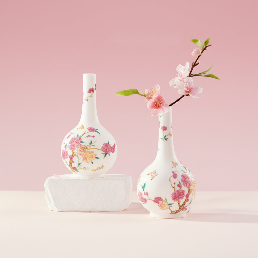 Two floral ceramic bottle vases displayed together