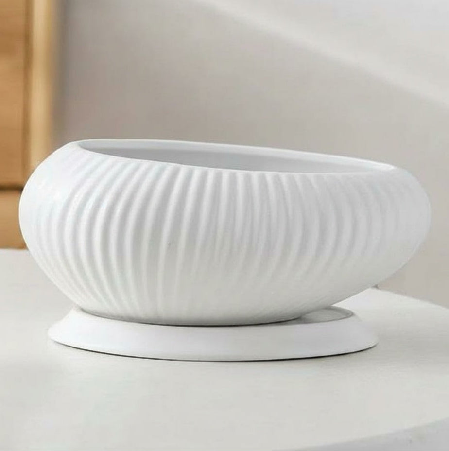 White Ceramic Fluted Oval Planter And Saucer