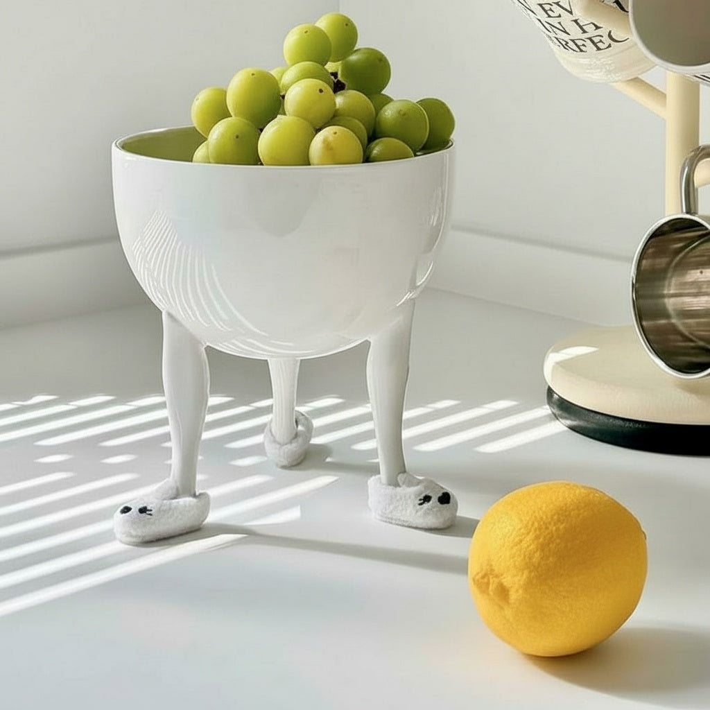 White Ceramic Footed Decorative Bowl angled view on white counter