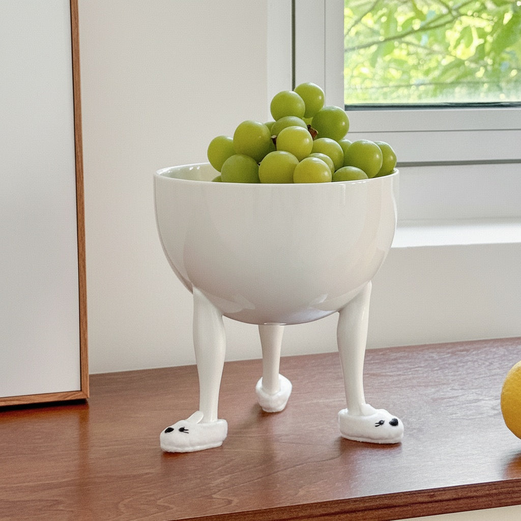 White Ceramic Footed Decorative Bowl styled on wooden table