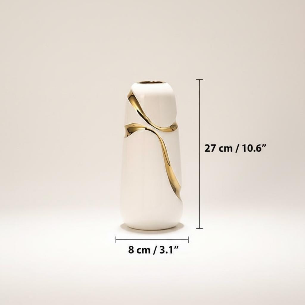 Dimensions diagram for large white and gold vase