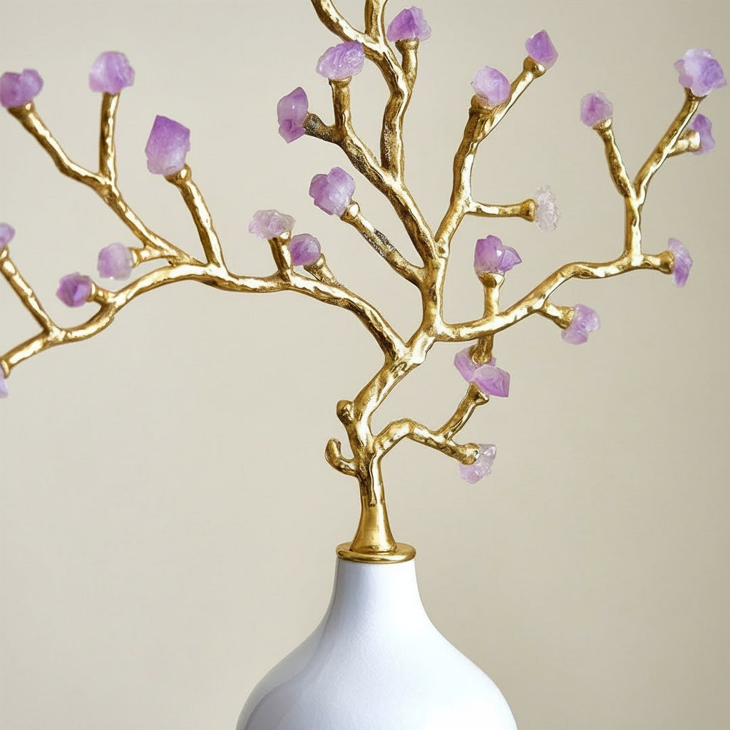 Close-up of gold textured branches with purple crystal accents