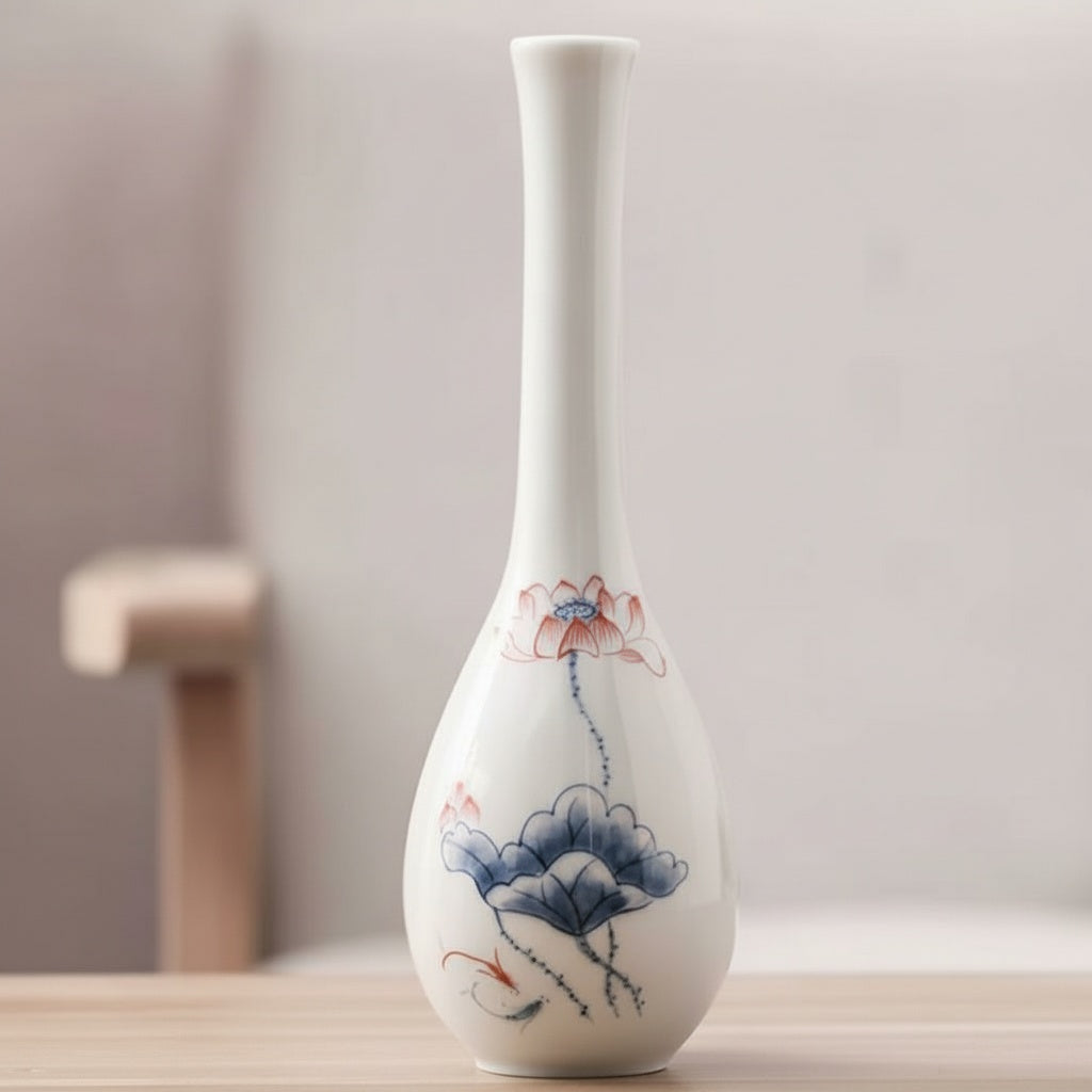 White Ceramic Lotus And Fish Vase