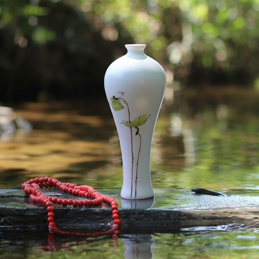 White Ceramic Hand Painted Lotus Bud Vase