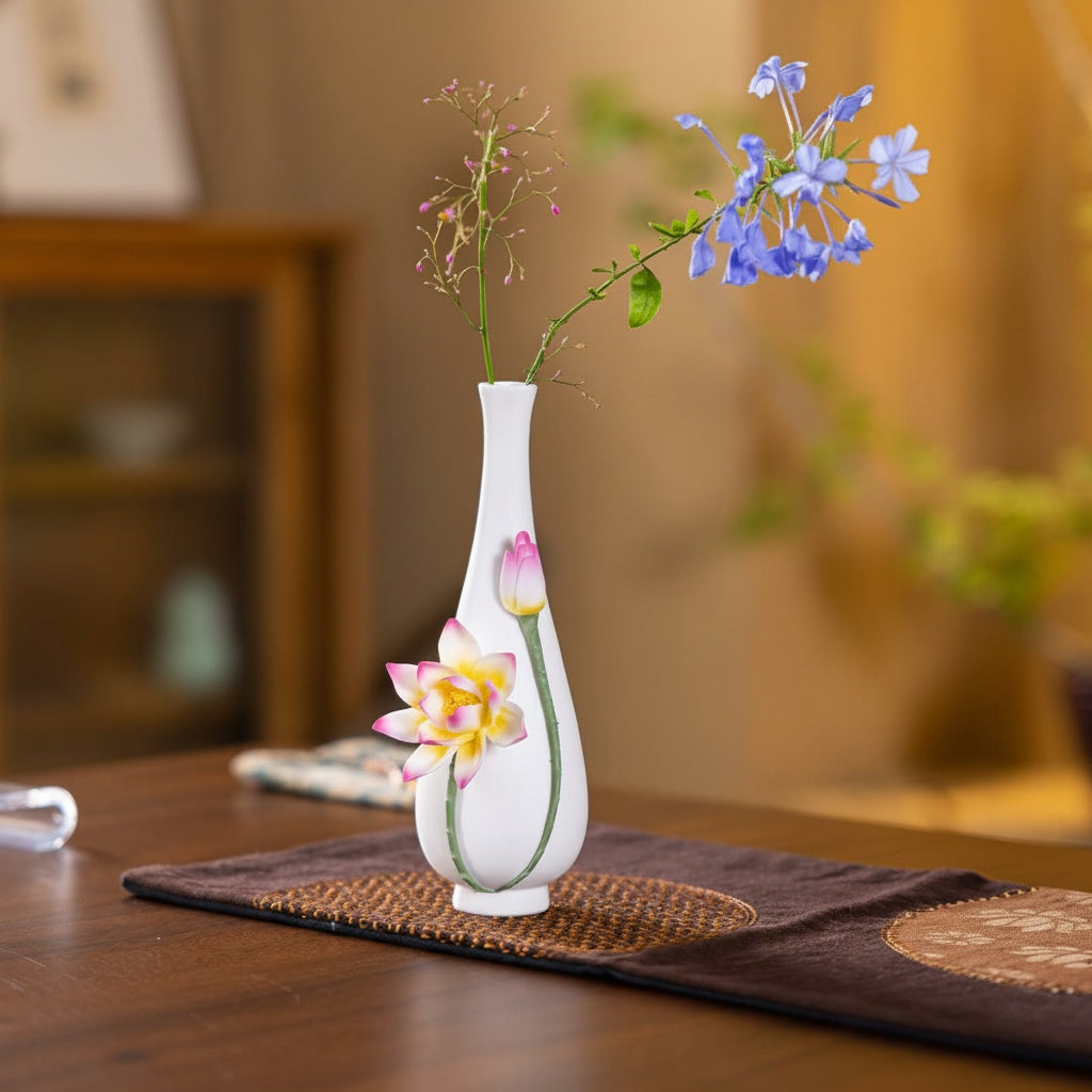 White Ceramic Lotus Bud Vase with blue flowers