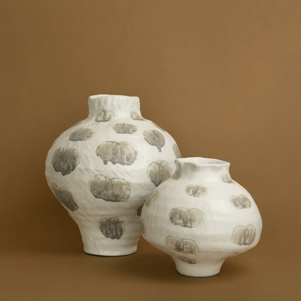 White ceramic vase with abstract grey patterns set of two