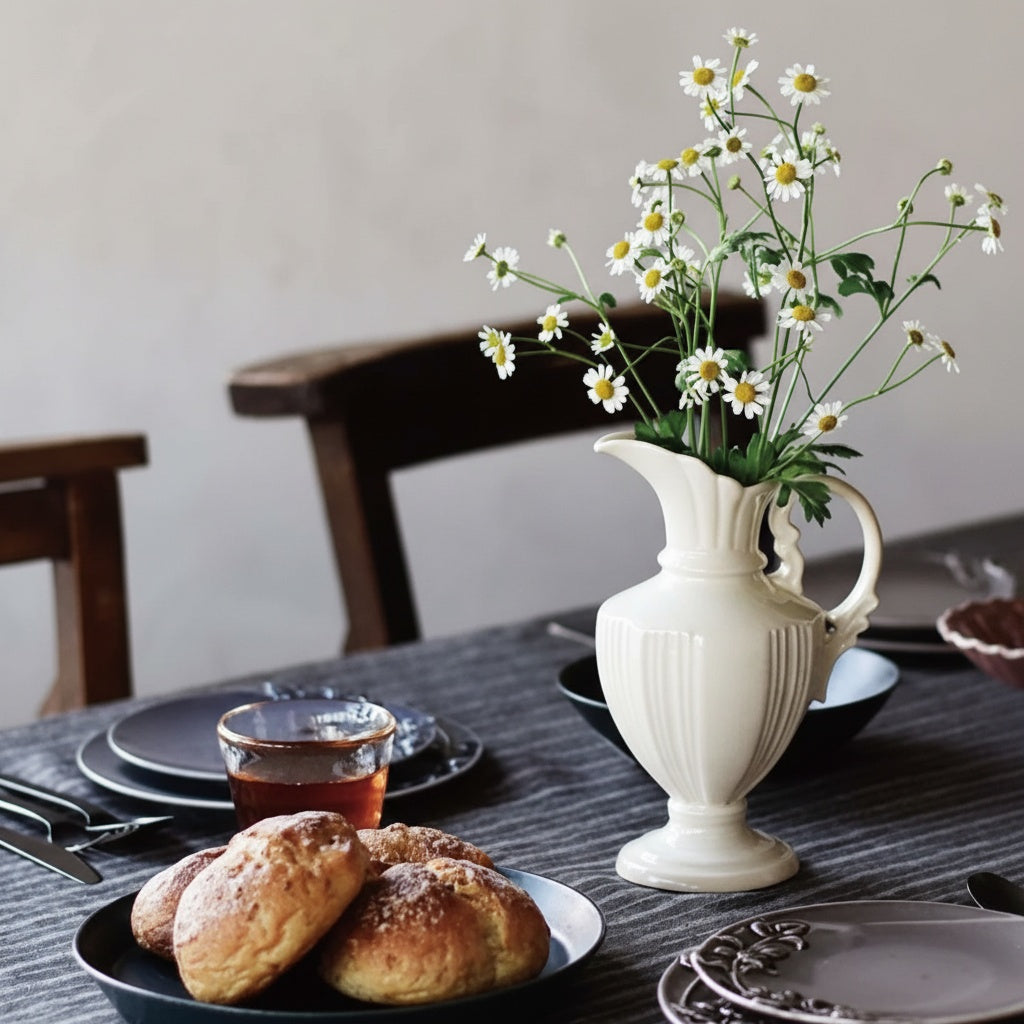 White Ceramic Pedestal Pitcher Vase on Dining Table