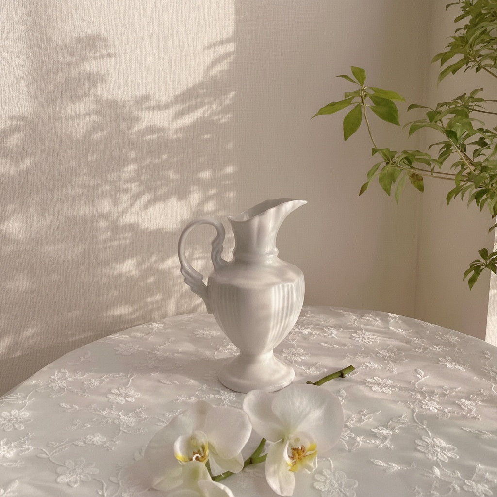 White Ceramic Pedestal Pitcher Vase with Orchids