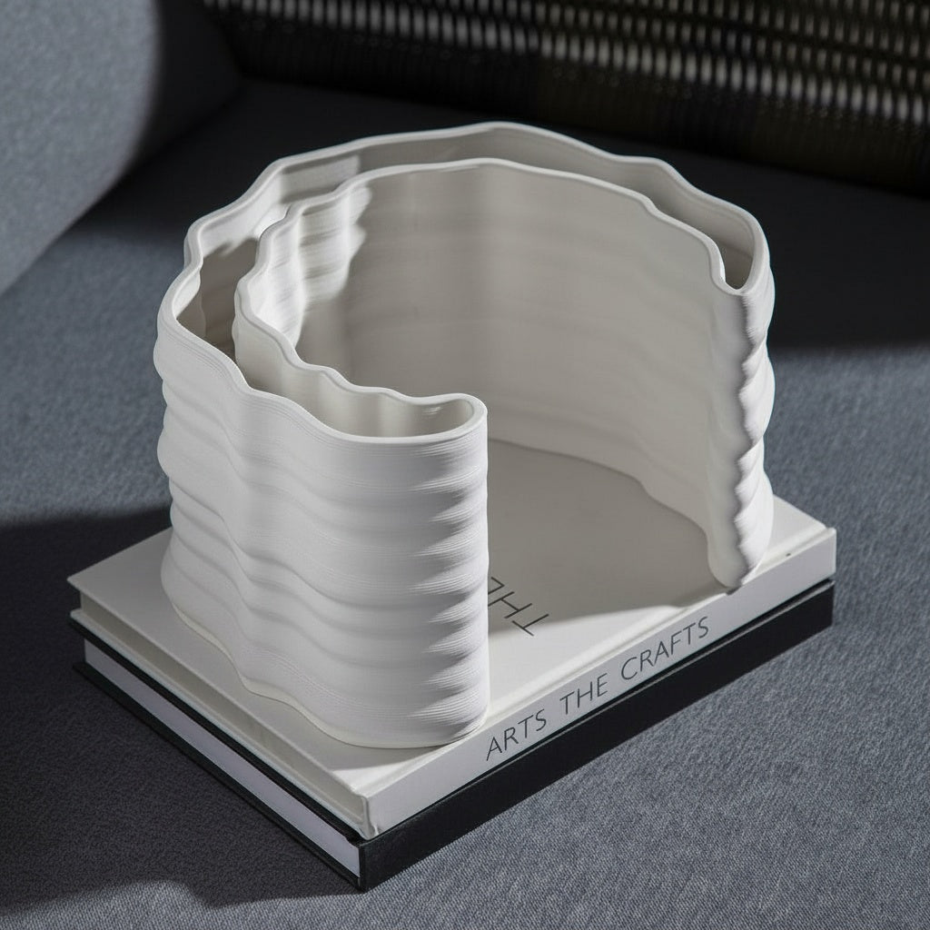 White Ceramic Ribbed Curved Sculpture resting on a book
