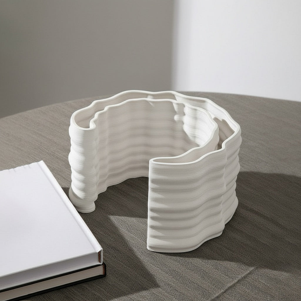 White Ceramic Ribbed Curved Sculpture elevated angle view
