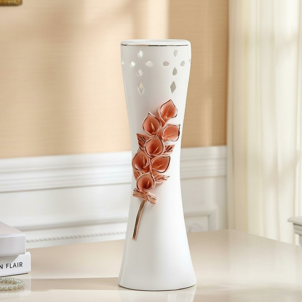 White Ceramic & Rose Gold Flared Vase