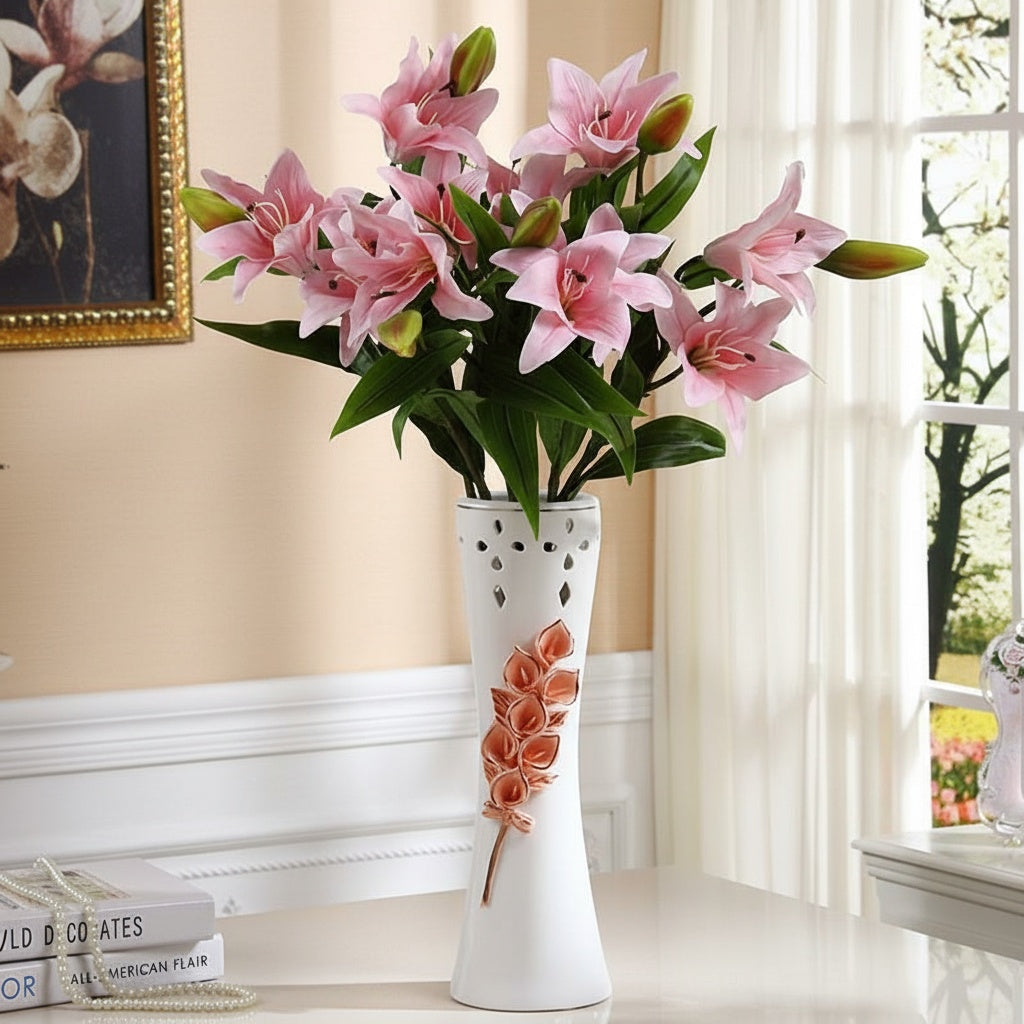 White Ceramic & Rose Gold Flared Vase with Pink Lilies