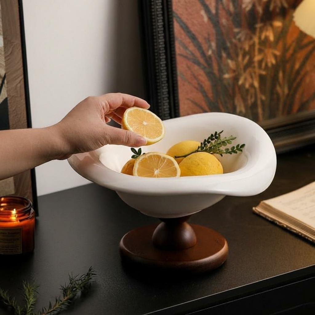 Hand reaching for lemon in organic white ceramic footed bowl