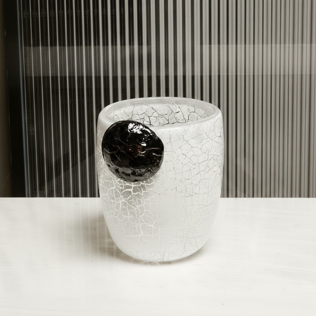 Medium white crackle glass vase with organic black stone