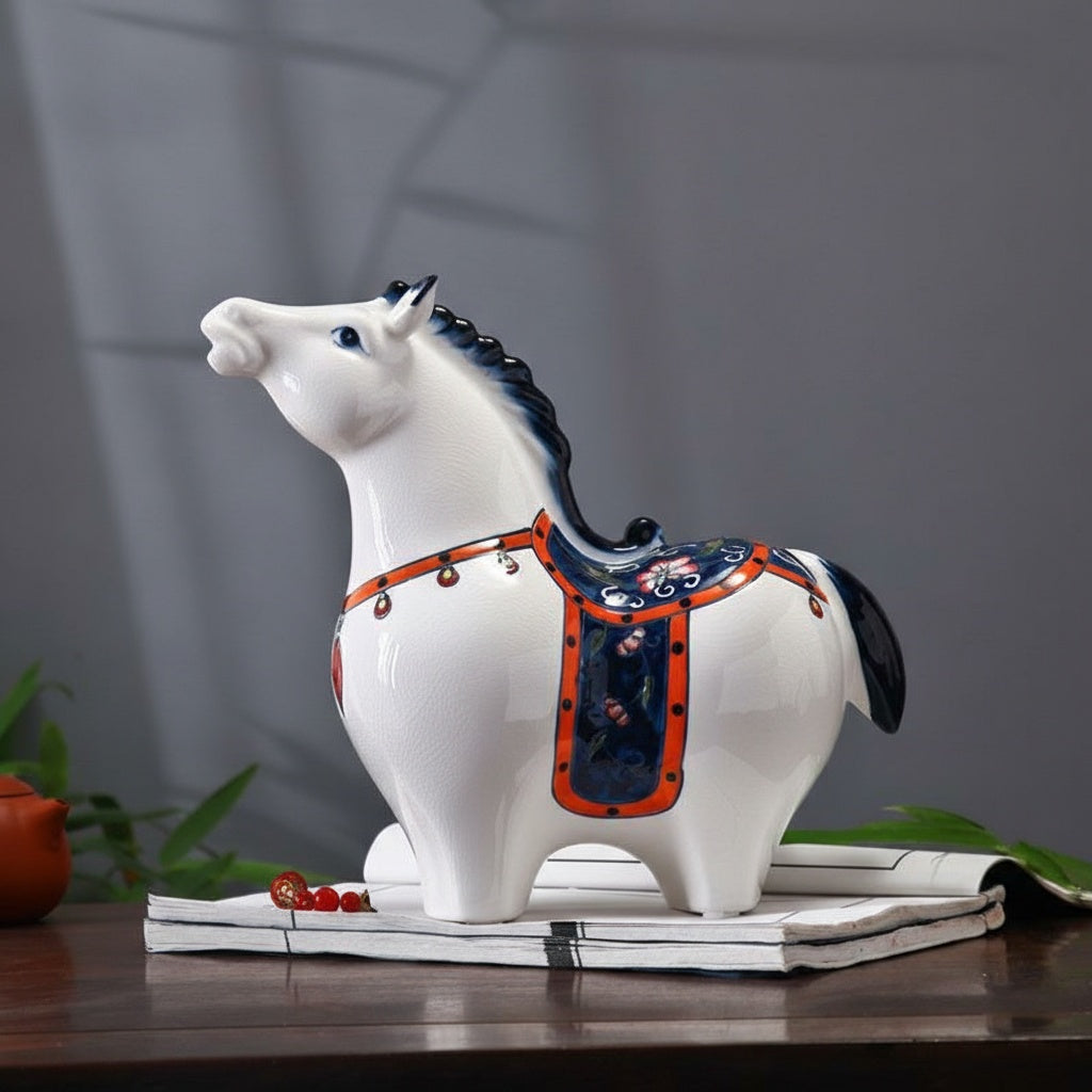 Side profile of white crackle glaze porcelain horse figurine