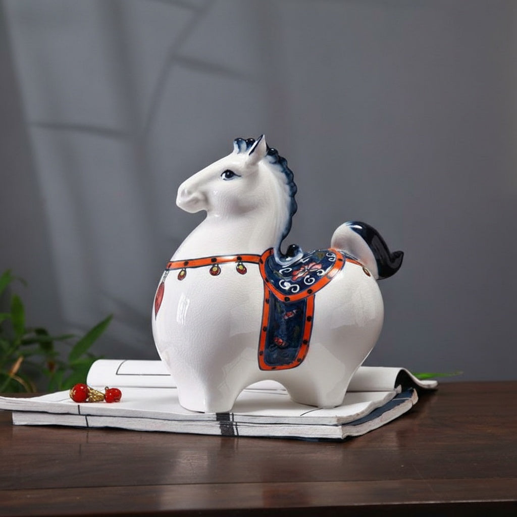 Angled view of ceramic horse statue with painted saddle