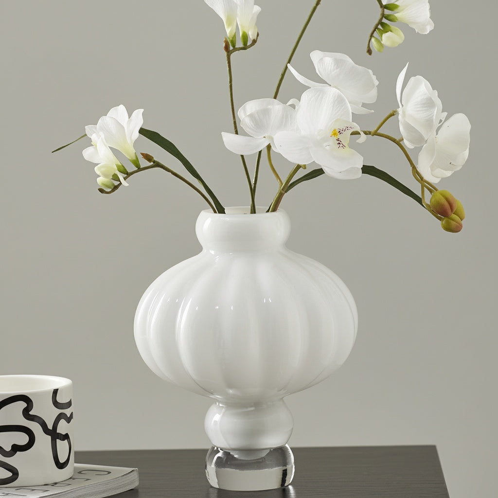 White Glass Ribbed Pedestal Vase with Flowers