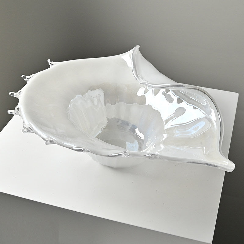 White glass seashell centerpiece bowl top view