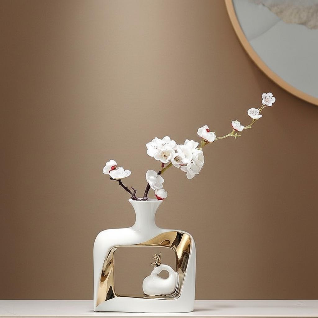 Short square white ceramic vase with gold rim and deer accent